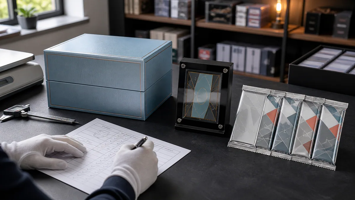Käufer, der allgemeine Sammelkarten-Geschenkboxen, Display-Sets und Booster-Packs auf einem Inventartisch vergleicht