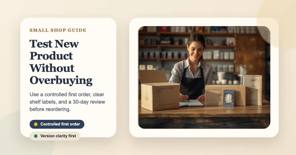 Besitzer eines kleinen Kartenladens, der eine kleine Testbestellung von generischen Sammelkartenprodukten hinter einem Ladentresen überprüft