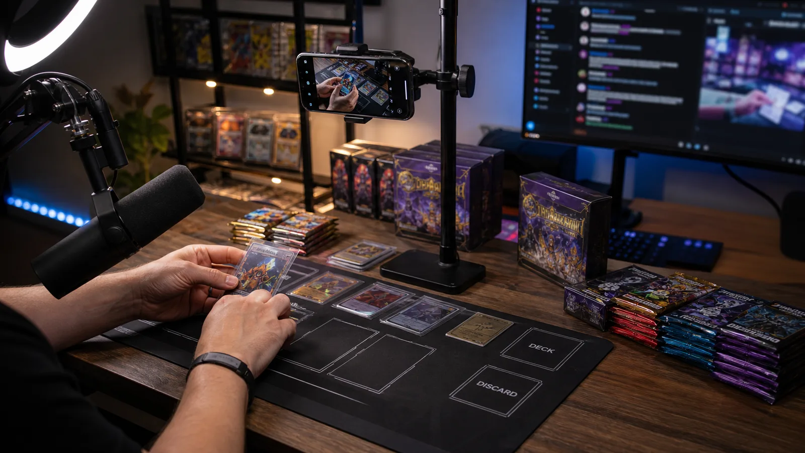 Pokémon TCG Livestream-Setup mit Telefonhalterung, Ringlicht und Kartenpacks