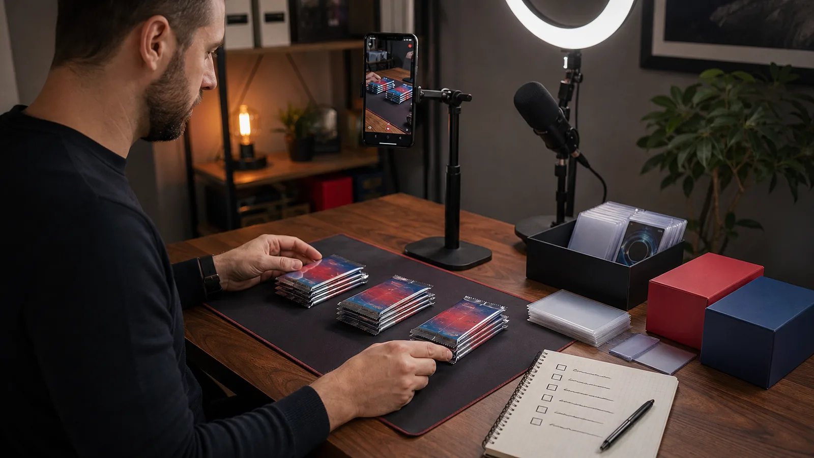 Trading-Card-Streamer sortiert kleine Produkt-Testgruppen vor einer Live-Show